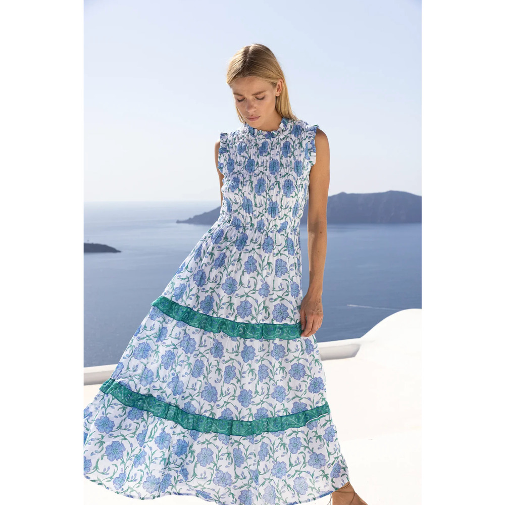 OLIPHANT Tuckernuck Poppy Blue Block Print Sleeveless Smocked Maxi Dress NEW S - Picture 5 of 12